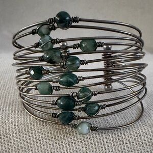 Handcrafted Green Beaded Multi-Row Wire Cuff Bracelet